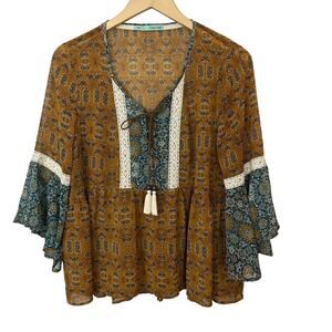 Maurices Boho Peasant Blouse Womens Large Crochet Lace Trim Tassel‎ Floral Sheer